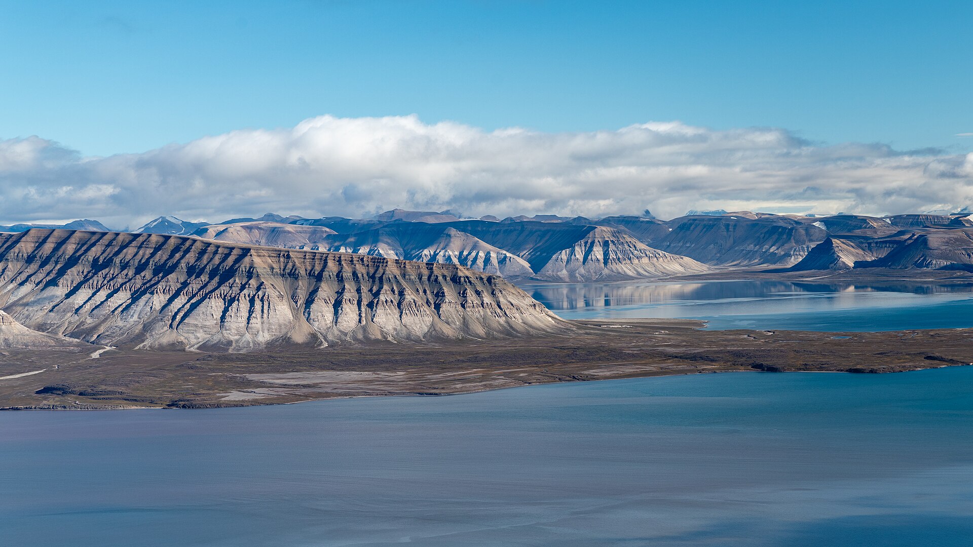 Fjords and layered mountains in Svalbard seen from above, typical terrain expedition ships navigate toward polar bear habitat